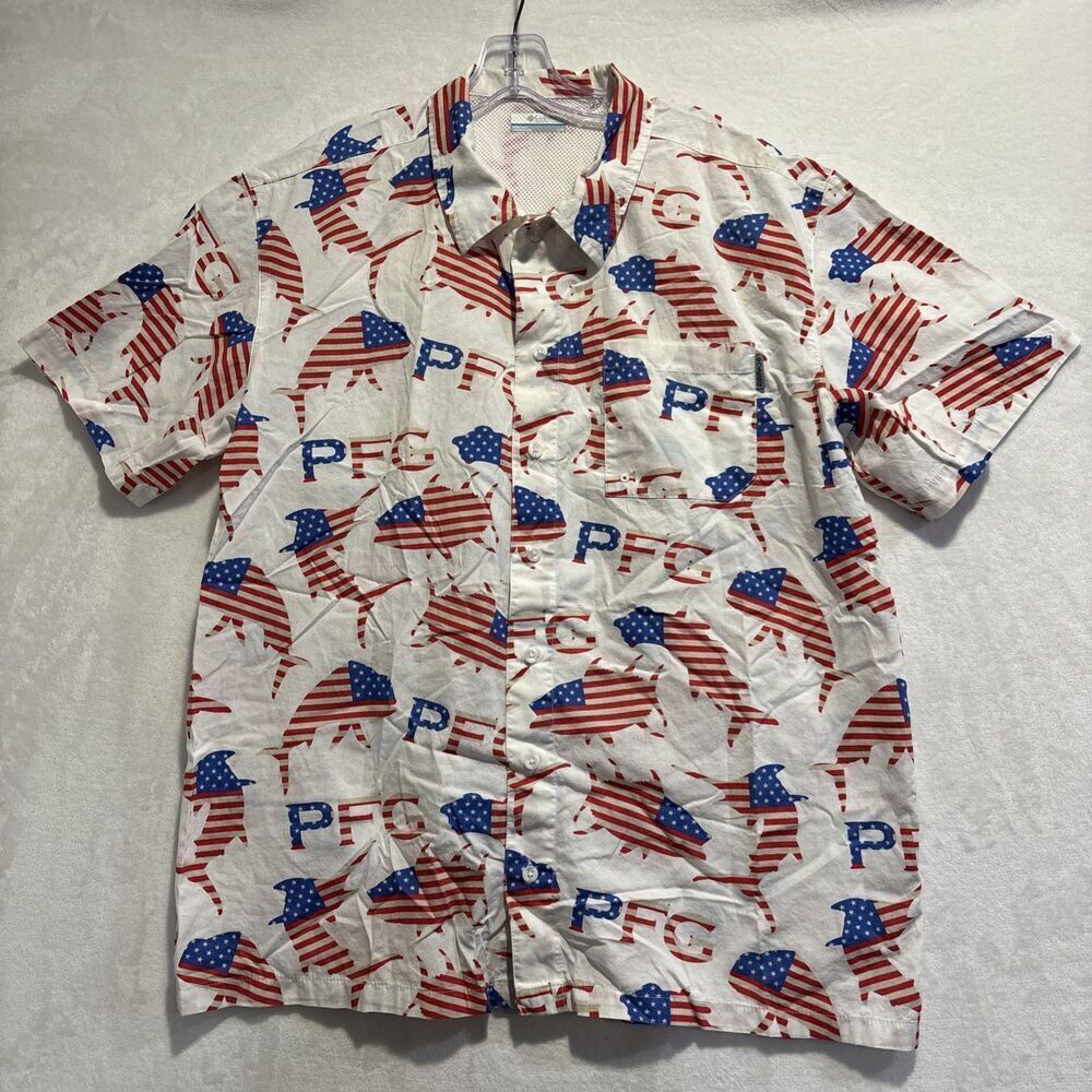 Columbia PFG American Flag Fish Shirt Men's Red White Blue Short Sleeve Large